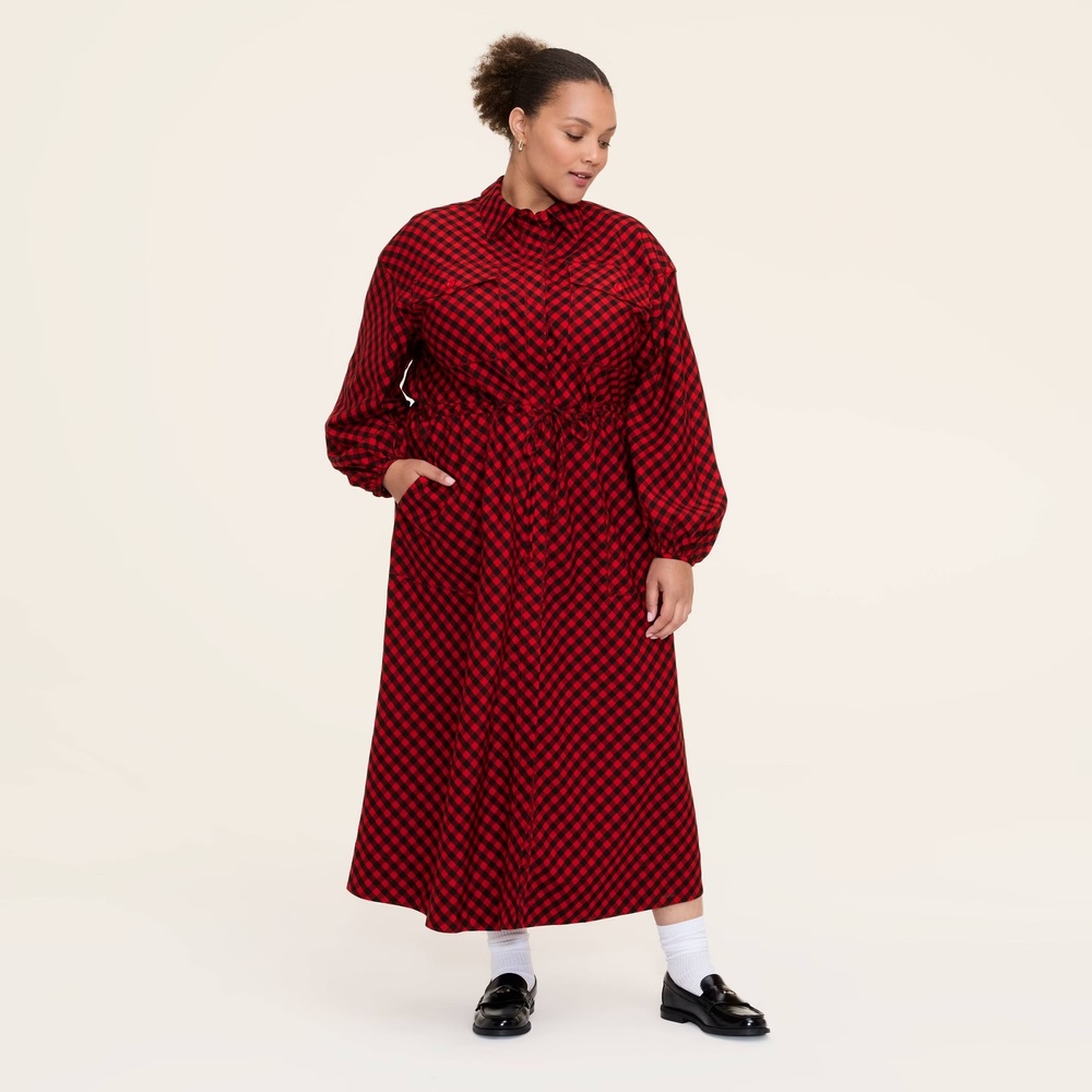 Woolrich Target 2X Plus Buffalo Check Long Sleeve Utility Midi Shirt Dress NWT